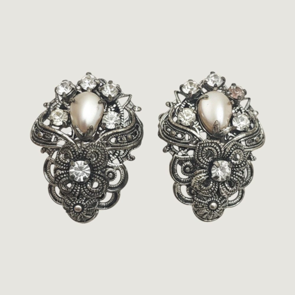Vintage Filigree Clip On Earrings Germany Rhinestone Faux Pearl Antique Style